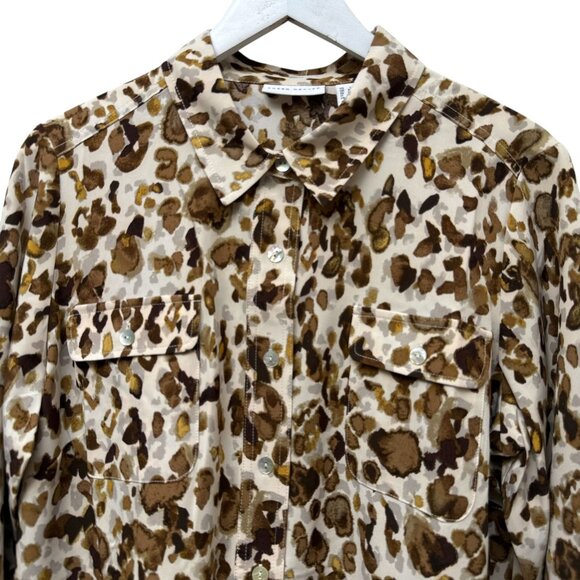 SUSAN GRAVER Womens Top Large Petite Leopard Brown Button Up Blouse NWOT - Picture 2 of 10